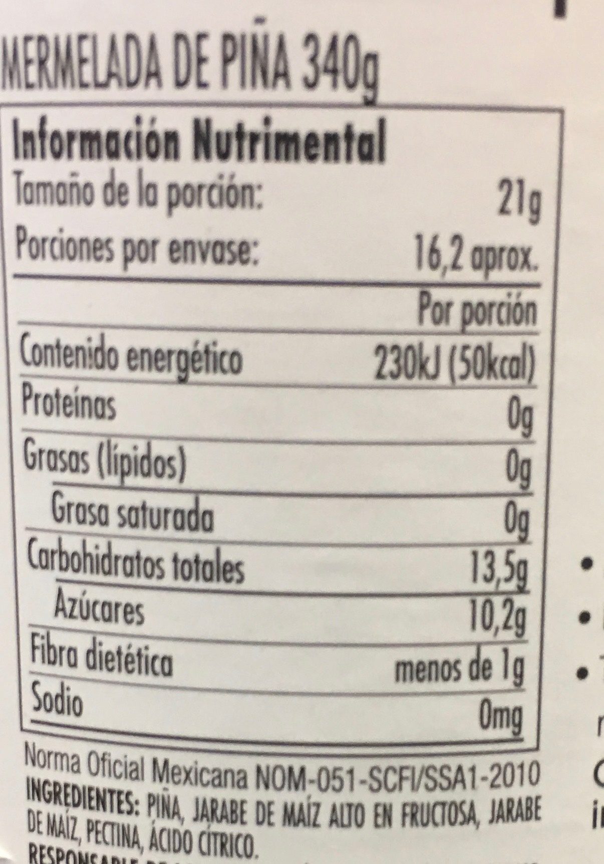 MERMELADA DE PIÑA - Nutrition facts - es