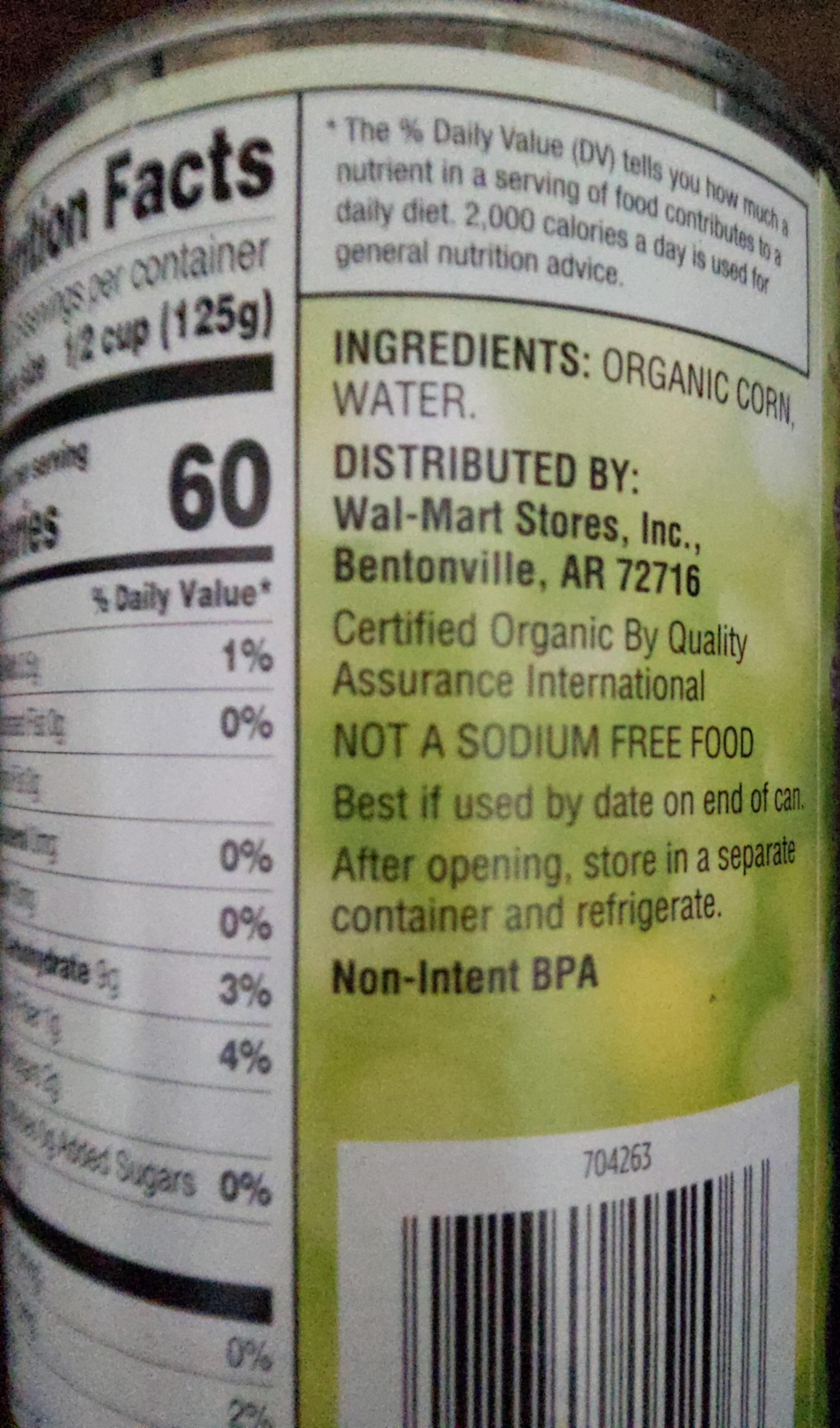 Great Value Organic No Salt Added While Kernel Corn, 15 Oz - Product - en