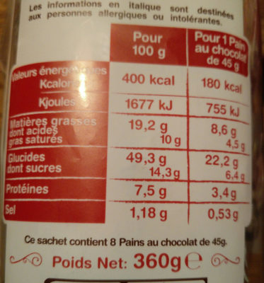 8 pains au chocolat - Nutrition facts - fr