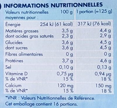 Yaourts brassés nature au lait entier 16 x 125 g - Nutrition facts - fr