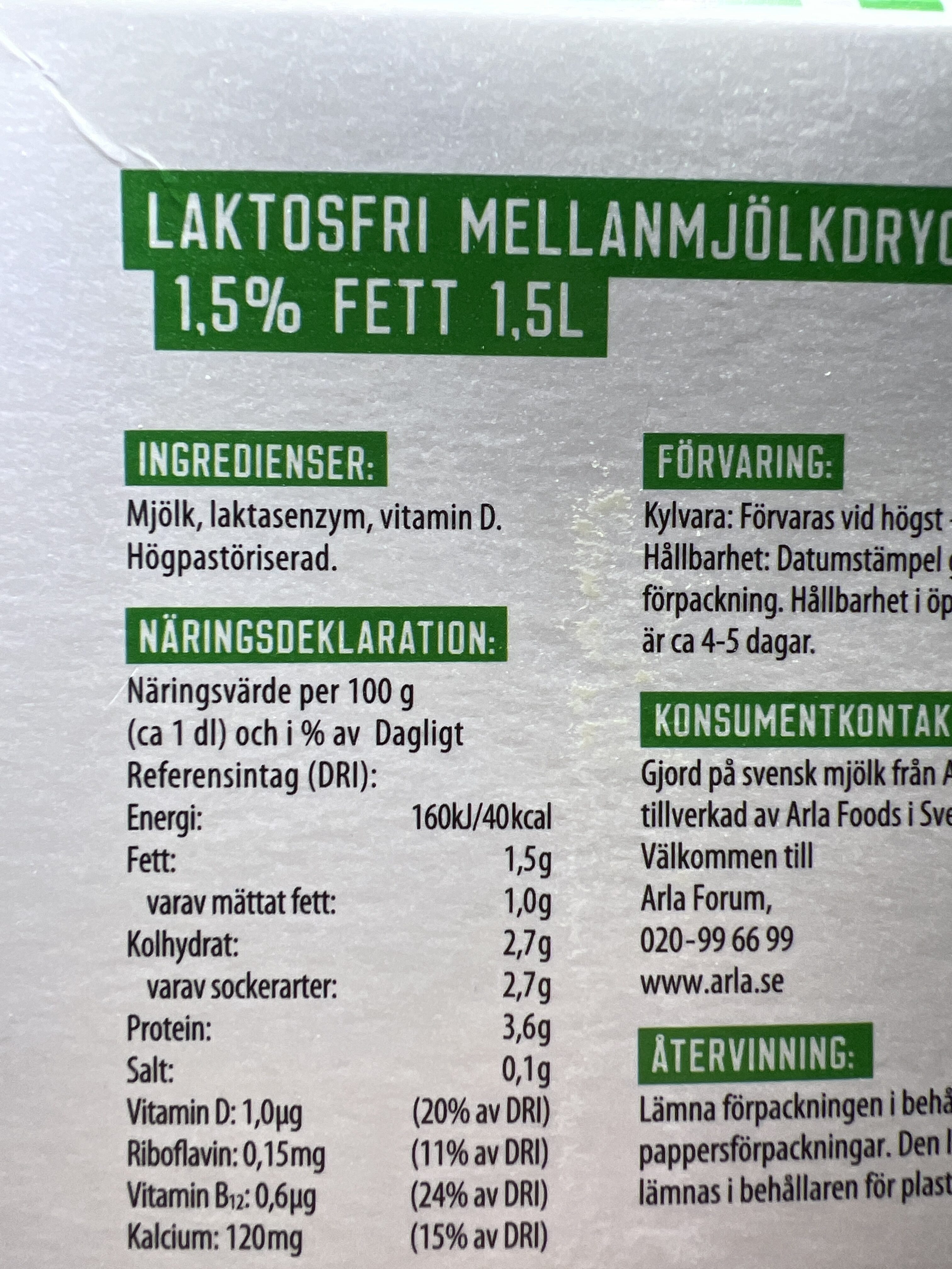 Laktosfri Mellanmjölk - Ingredients - en